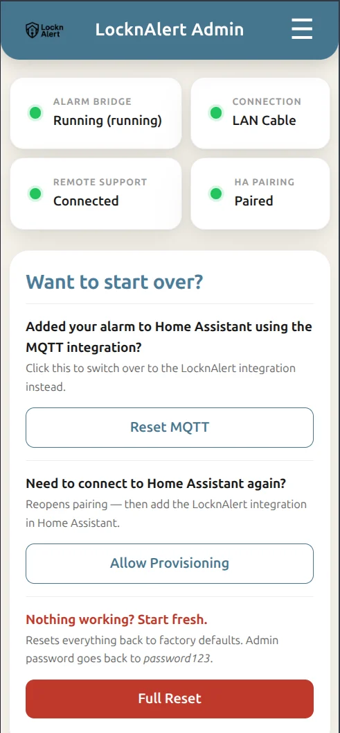 The Configuration dashboard with status tiles and settings